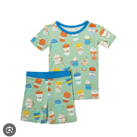 Little Sleepies Love you A Latte Aqua Bamboo Pajama Shorts Set 4T - Picture 3 of 8